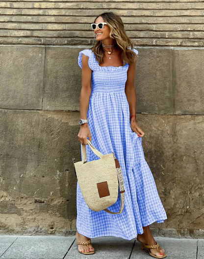 Effortless Gingham Maxi Dress for Women with Square Neck Ruffle Sleeve Smocked Tiered Flowing Style