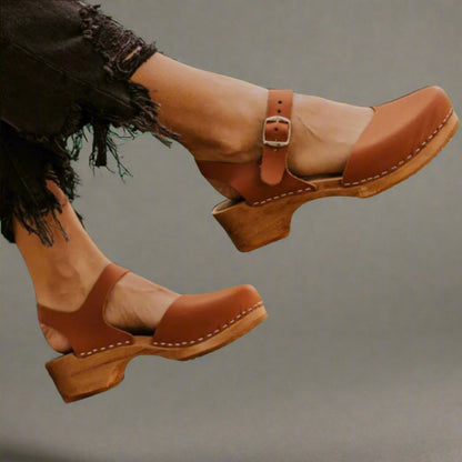 Effortless Leather Clog Sandal for Women with Buckle Strap Wood Platform Heel Casual Style