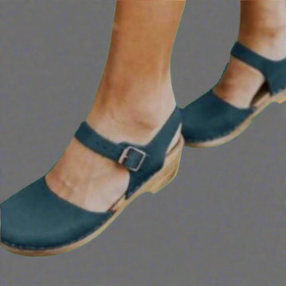Effortless Leather Clog Sandal for Women with Buckle Strap Wood Platform Heel Casual Style
