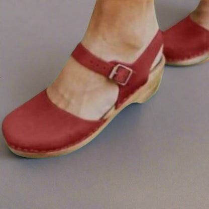 Effortless Leather Clog Sandal for Women with Buckle Strap Wood Platform Heel Casual Style