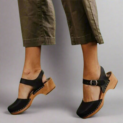 Effortless Leather Clog Sandal for Women with Buckle Strap Wood Platform Heel Casual Style