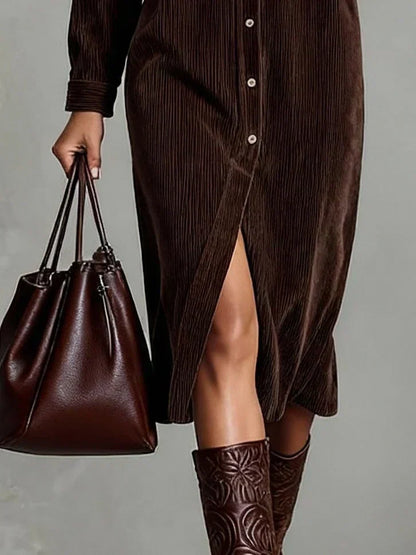 Elegant Corduroy Shirt Dress for Women with Collar Long Sleeve Button Front Side Slit Casual Style