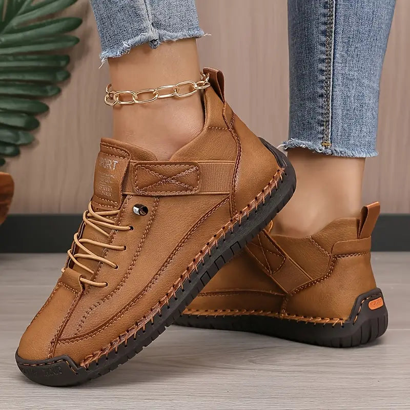 Comfortable Leather Sneaker for Women with Lace Up Velcro Strap Stitched Casual Style