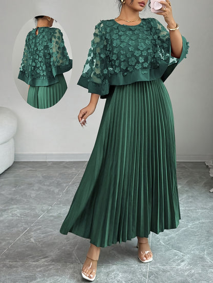 Elegant Floral Mesh Two Piece Set for Women with Round Neck Flutter Sleeve Pleated Maxi Skirt Formal Style