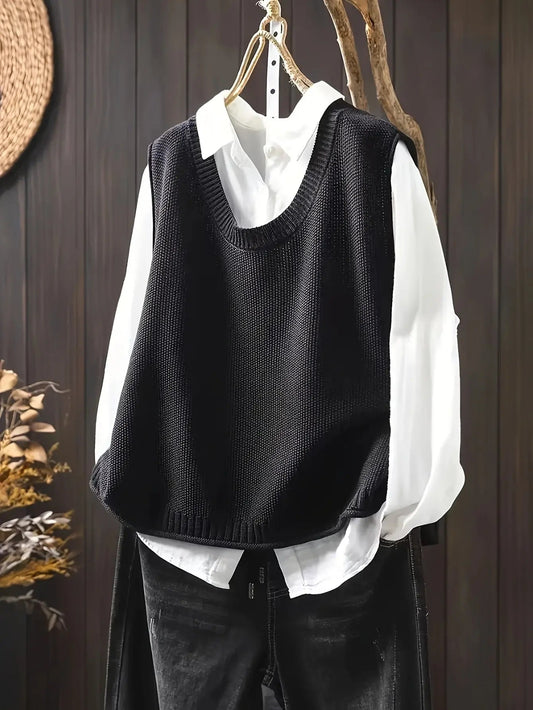 Comfortable Knit Sweater Vest for Women with Round Neck Sleeveless Button Back Oversized Relaxed Style