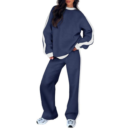 Effortless Colorblock Sweat Set for Women with Crewneck Long Sleeve Wide Leg Relaxed Style
