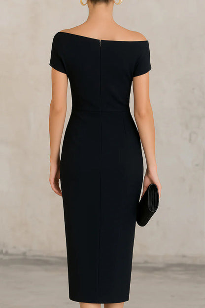 Elegant Draped Midi Sheath Dress for Women with Off Shoulder Cap Sleeve Ruched Wrap Cocktail Style