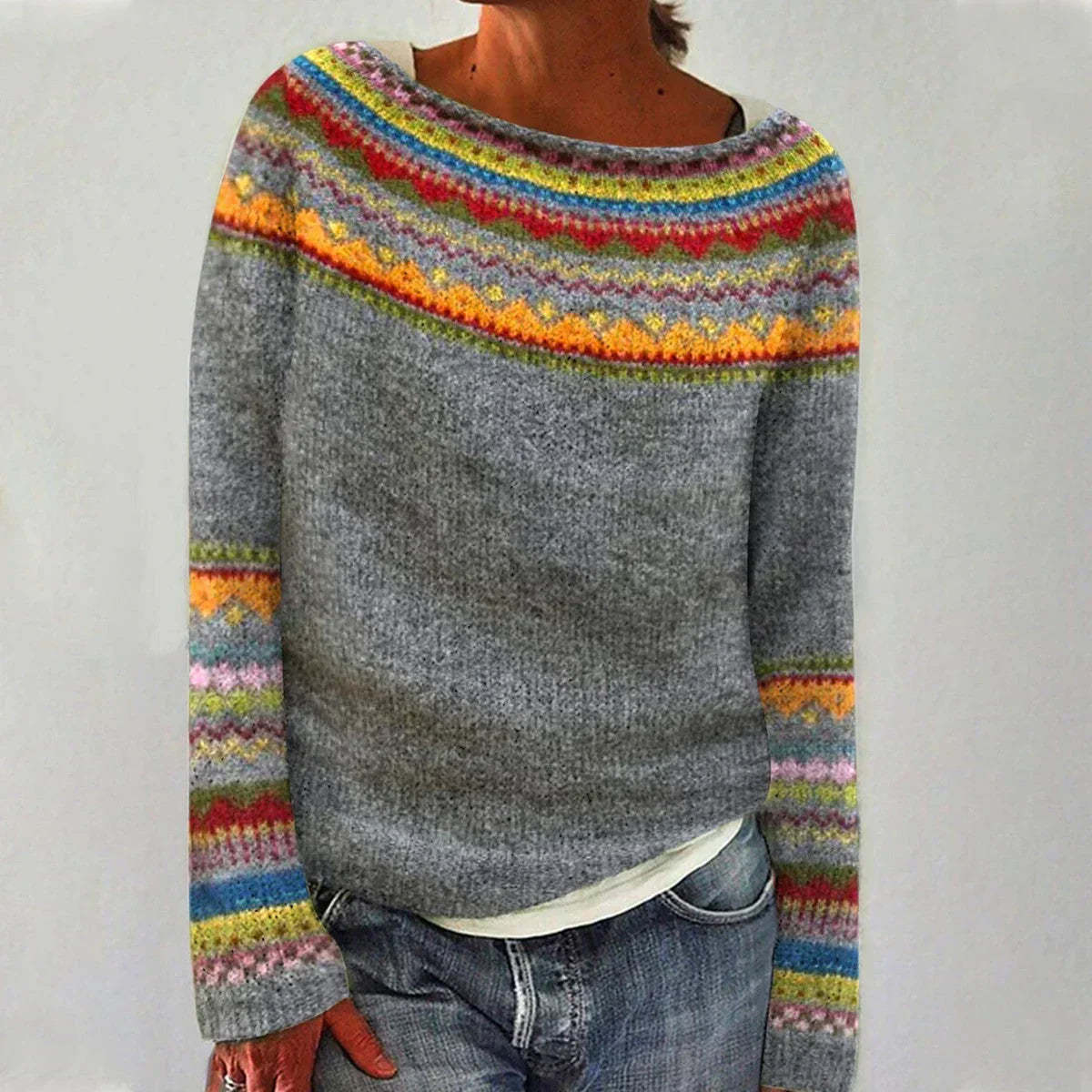 Comfortable Fair Isle Sweater for Women with Boat Neck Long Sleeve Relaxed Oversized Knit Style