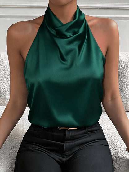Elegant White Satin Blouse for Women with Cowl Neck Halter Sleeveless Draped Silky Style
