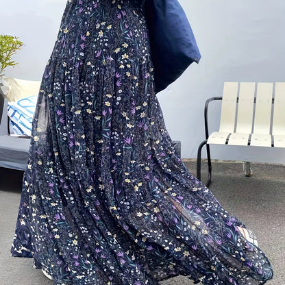Effortless Blue Floral Maxi Skirt for Women with Elastic Waist Tiered Ruffle Bohemian Style