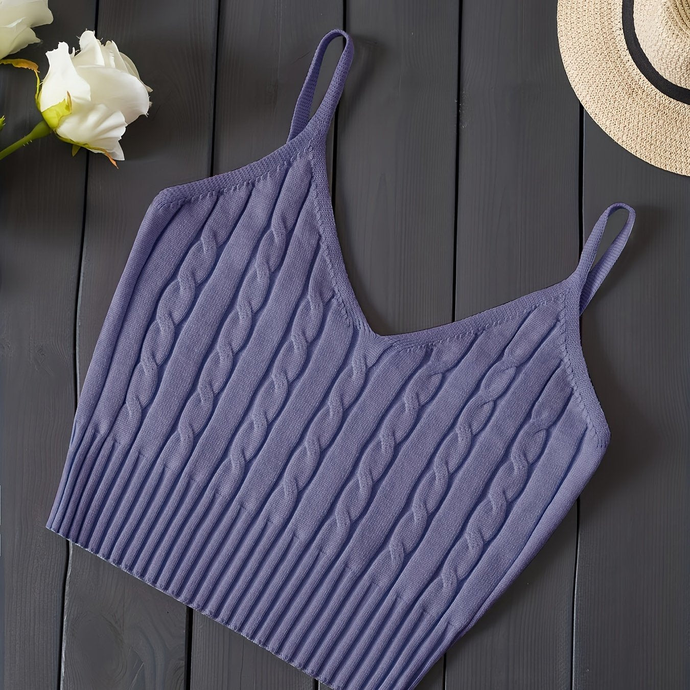 Effortless Cable Knit Tank for Women with V Neck Sleeveless Cropped Ribbed Casual Style