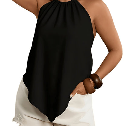 Effortless Colorblock Halter Top for Women with High Neck Sleeveless Pleated Flowing Style