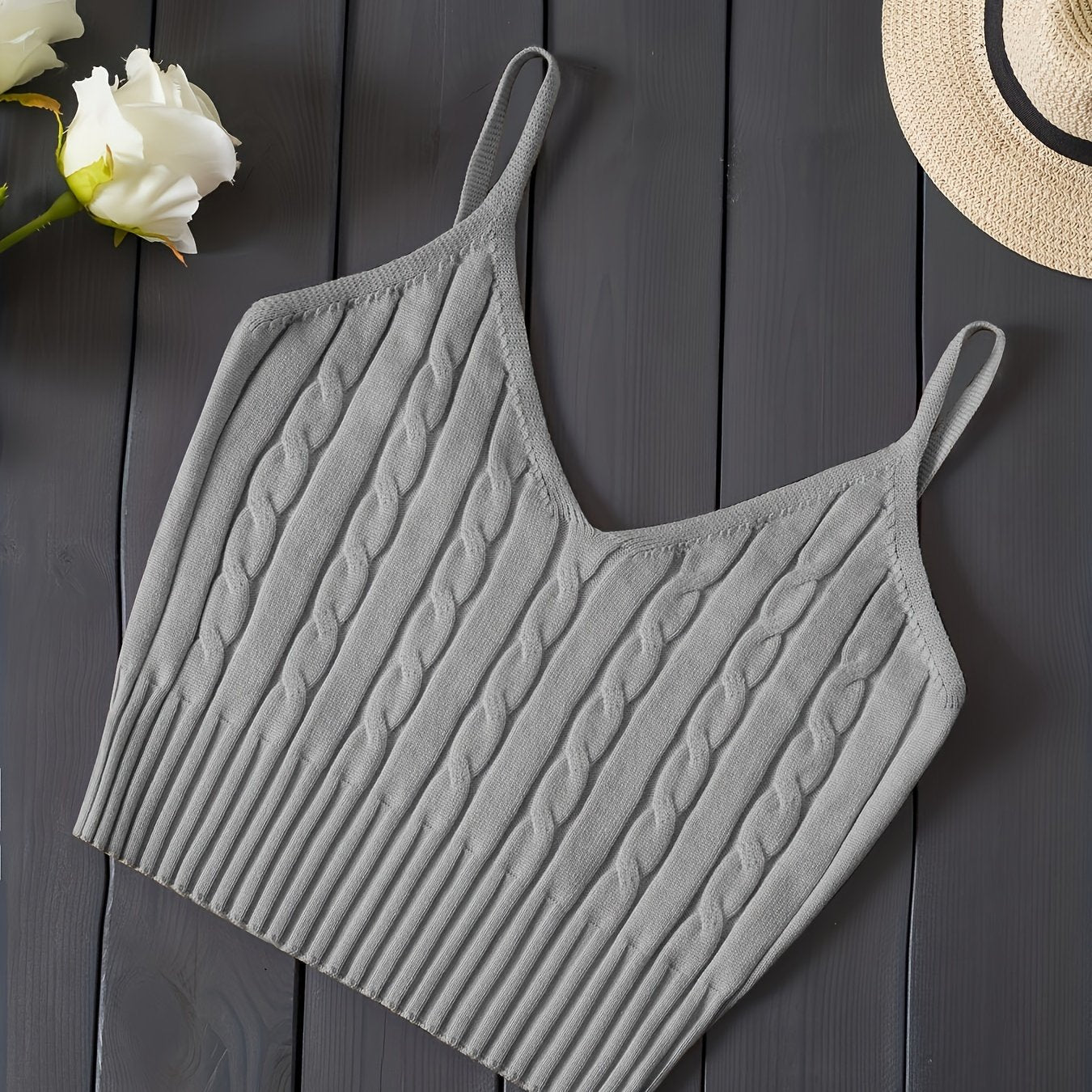 Effortless Cable Knit Tank for Women with V Neck Sleeveless Cropped Ribbed Casual Style
