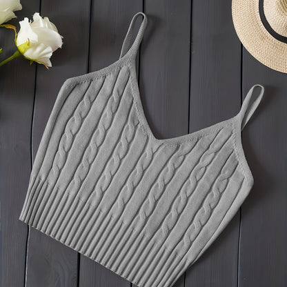 Effortless Cable Knit Tank for Women with V Neck Sleeveless Cropped Ribbed Casual Style