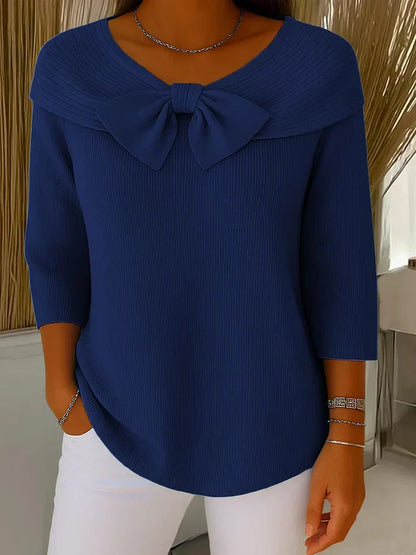 Elegant Bow Detail Sweater for Women with V Neck Elbow Sleeve Ribbed Knit Relaxed Style
