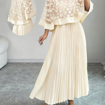 Elegant Floral Mesh Two Piece Set for Women with Round Neck Flutter Sleeve Pleated Maxi Skirt Formal Style