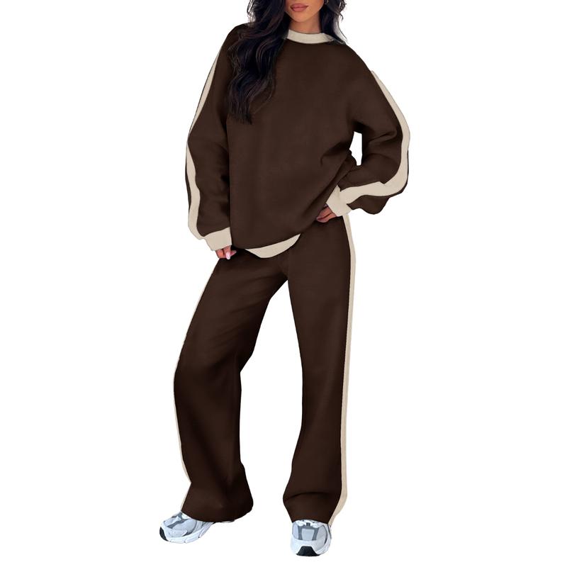 Effortless Colorblock Sweat Set for Women with Crewneck Long Sleeve Wide Leg Relaxed Style