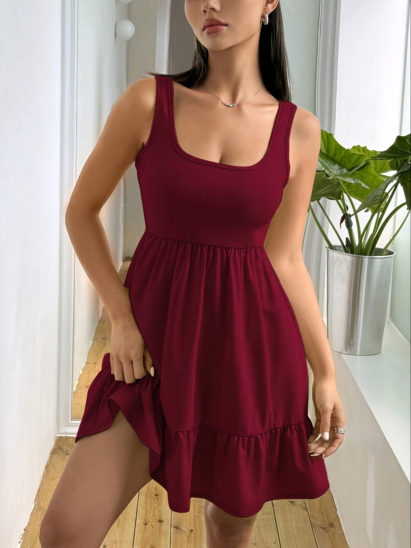 Effortless Ribbed Tiered Mini Dress for Women with Square Neck Sleeveless Ruffle Hem Flowy Casual Style
