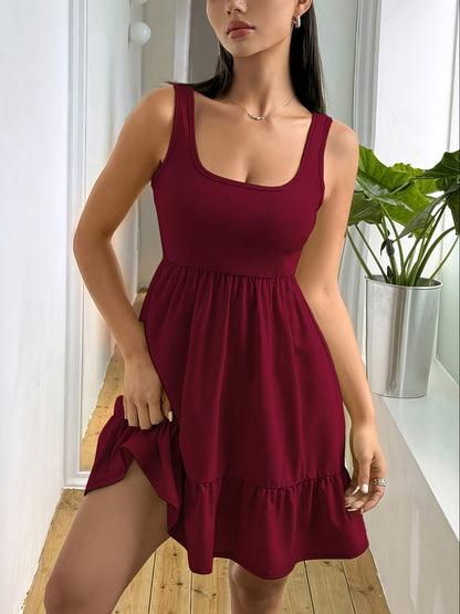 Effortless Ribbed Tiered Mini Dress for Women with Square Neck Sleeveless Ruffle Hem Flowy Casual Style