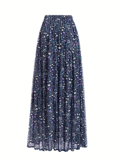 Effortless Blue Floral Maxi Skirt for Women with Elastic Waist Tiered Ruffle Bohemian Style