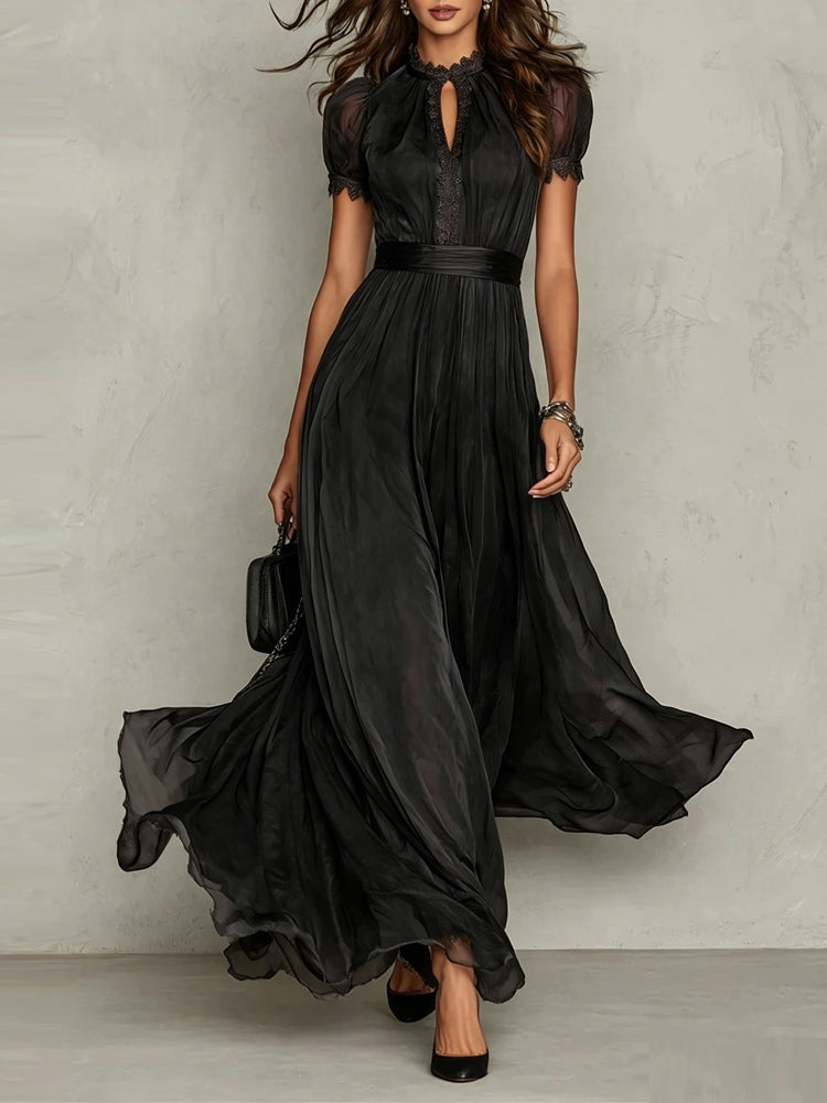 Elegant Chiffon Maxi Dress for Women with High Neck Keyhole Short Sleeve Lace Trim Flowing Style