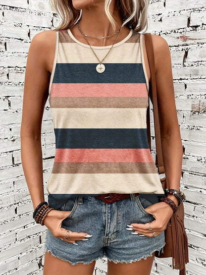 Effortless Striped Colorblock Tank for Women with Crew Neck Sleeveless Relaxed Boho Style