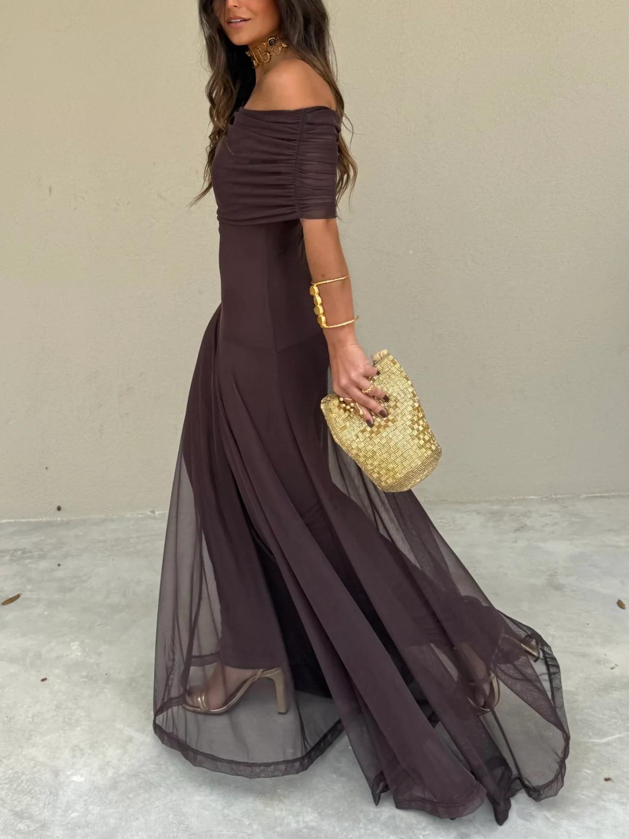 Elegant Mesh Maxi Dress for Women with Off Shoulder Ruched Bodice Flowing Evening Style