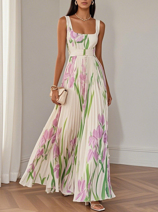Elegant Floral Maxi Dress for Women with Square Neck Sleeveless Pleated Belted Flowing Style
