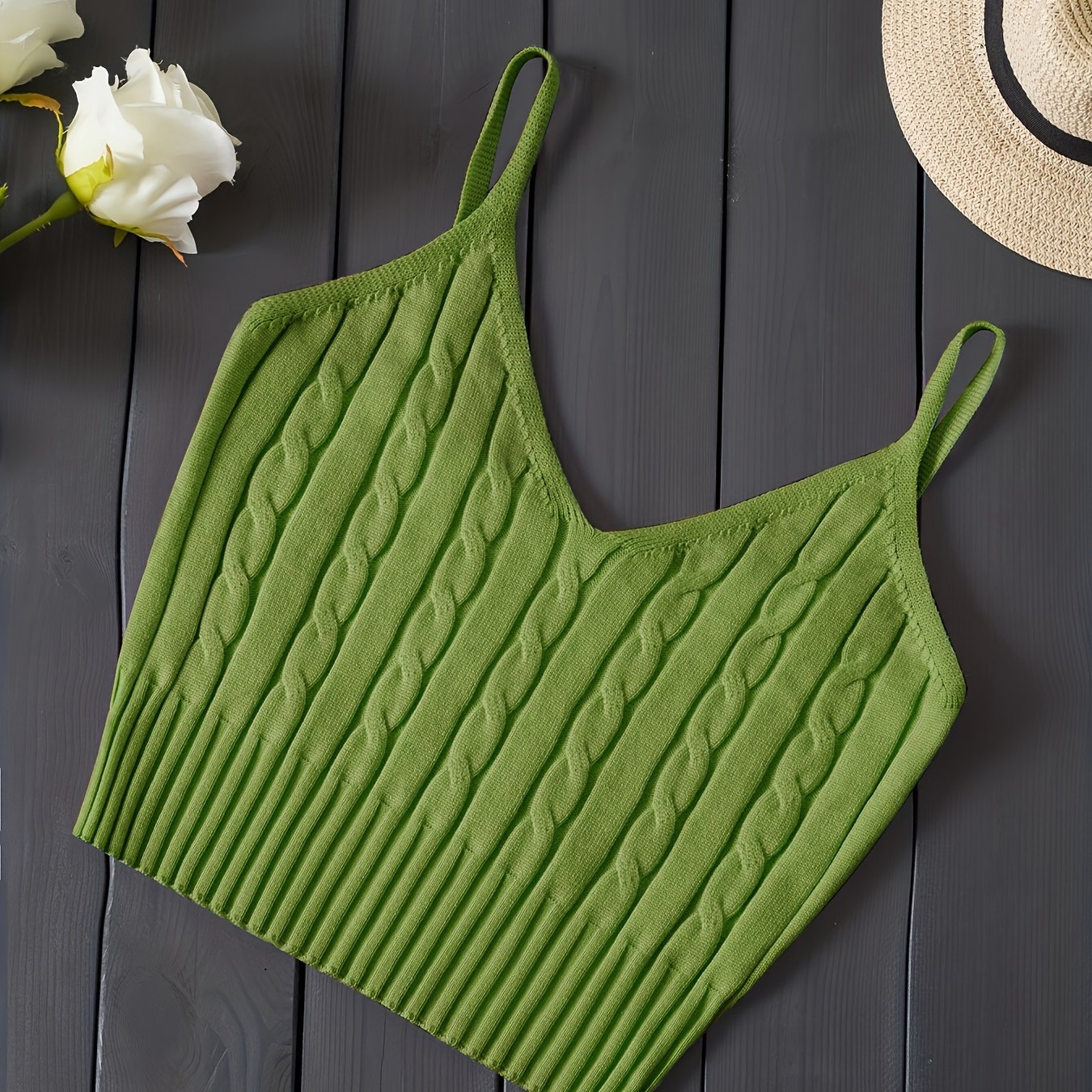 Effortless Cable Knit Tank for Women with V Neck Sleeveless Cropped Ribbed Casual Style