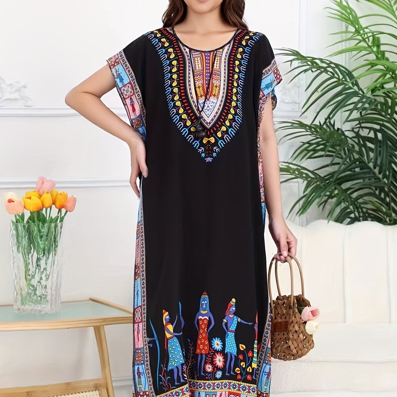 Effortless Tribal Print Kaftan Maxi Dress for Women with V Neck Short Sleeve Flowing Bohemian Style
