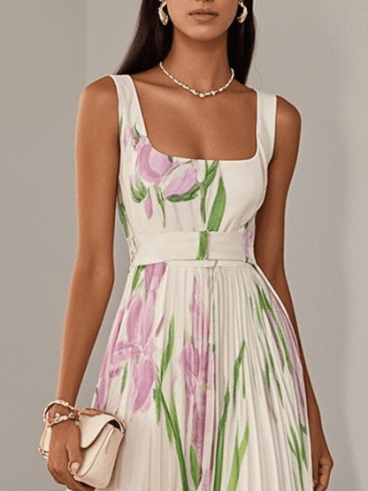 Elegant Floral Maxi Dress for Women with Square Neck Sleeveless Pleated Belted Flowing Style