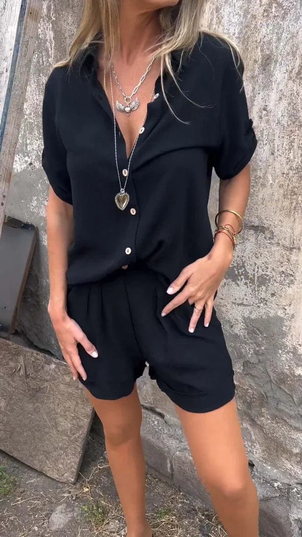 Effortless Linen Two Piece Set for Women with Collar Button Front Half Sleeve Pleated Shorts Casual Style