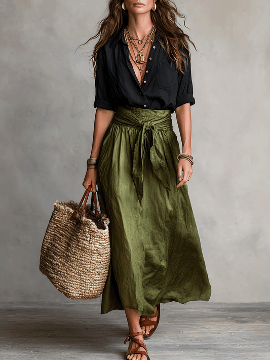 Effortless Linen Two Piece Set for Women with Button Front Shirt Tie Waist Maxi Skirt Bohemian Style