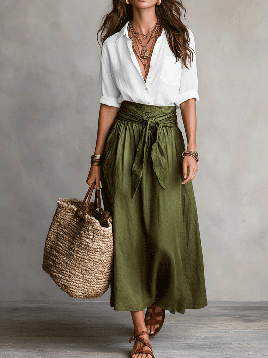 Effortless Linen Two Piece Set for Women with Button Front Shirt Tie Waist Maxi Skirt Bohemian Style