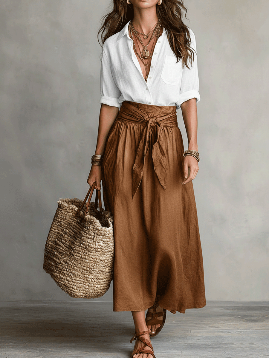 Effortless Linen Two Piece Set for Women with Button Front Shirt Tie Waist Maxi Skirt Bohemian Style