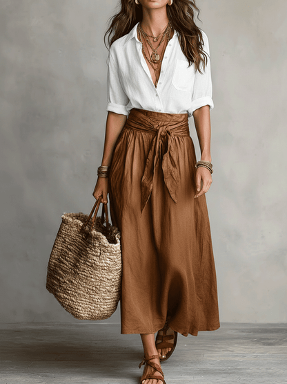 Effortless Linen Two Piece Set for Women with Button Front Shirt Tie Waist Maxi Skirt Bohemian Style