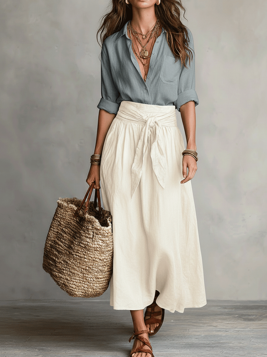 Effortless Linen Two Piece Set for Women with Button Front Shirt Tie Waist Maxi Skirt Bohemian Style