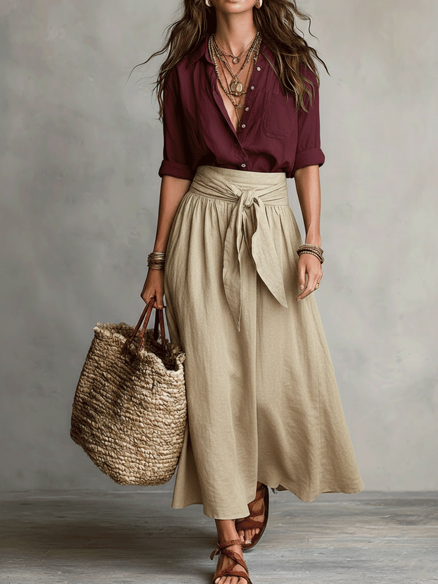 Effortless Linen Two Piece Set for Women with Button Front Shirt Tie Waist Maxi Skirt Bohemian Style