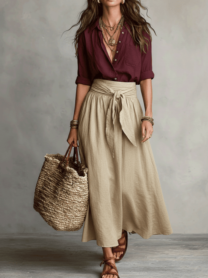 Effortless Linen Two Piece Set for Women with Button Front Shirt Tie Waist Maxi Skirt Bohemian Style