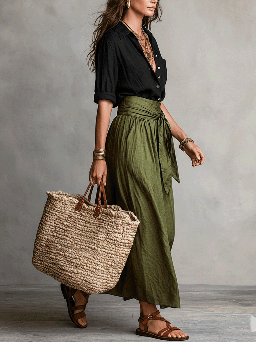 Effortless Linen Two Piece Set for Women with Button Front Shirt Tie Waist Maxi Skirt Bohemian Style