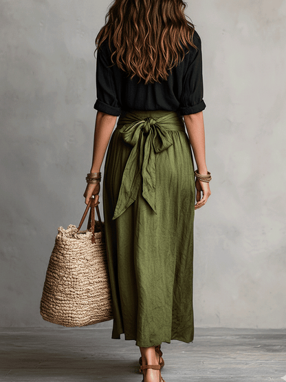 Effortless Linen Two Piece Set for Women with Button Front Shirt Tie Waist Maxi Skirt Bohemian Style