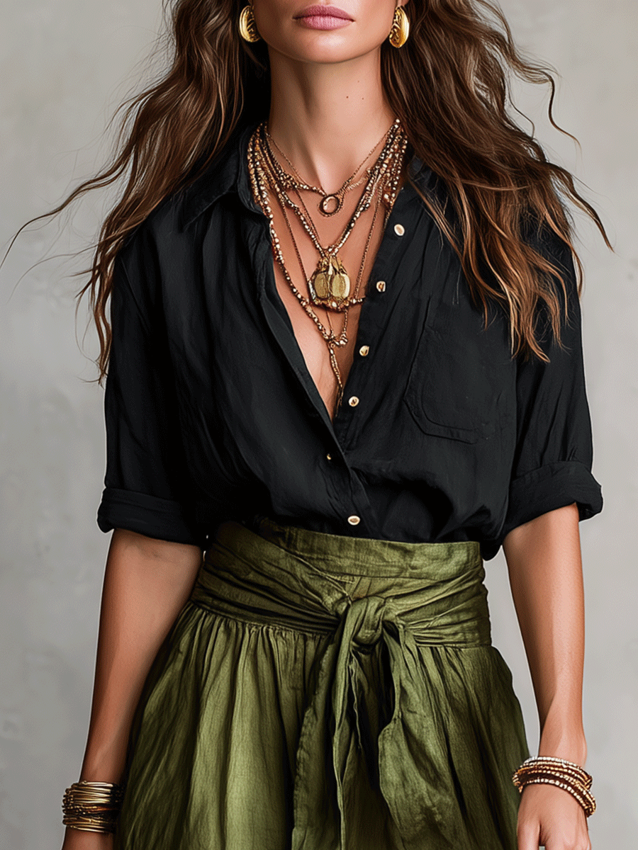 Effortless Linen Two Piece Set for Women with Button Front Shirt Tie Waist Maxi Skirt Bohemian Style