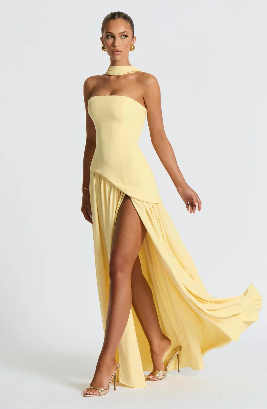 Elegant Maxi Dress for Women with Strapless High Slit Draped Column Formal Wedding Guest Style