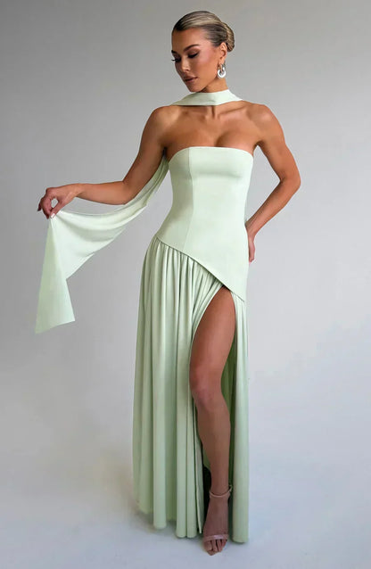 Elegant Maxi Dress for Women with Strapless High Slit Draped Column Formal Wedding Guest Style