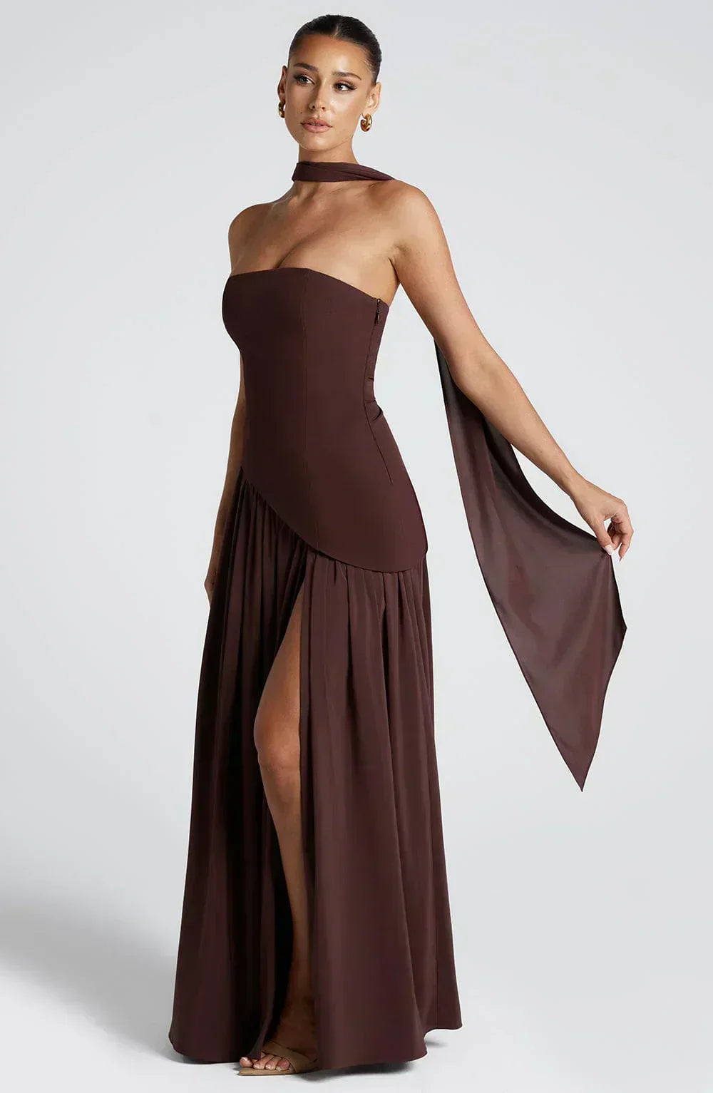Elegant Maxi Dress for Women with Strapless High Slit Draped Column Formal Wedding Guest Style