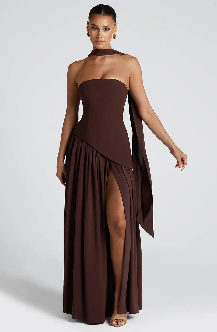 Elegant Maxi Dress for Women with Strapless High Slit Draped Column Formal Wedding Guest Style