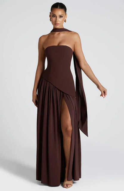 Elegant Maxi Dress for Women with Strapless High Slit Draped Column Formal Wedding Guest Style