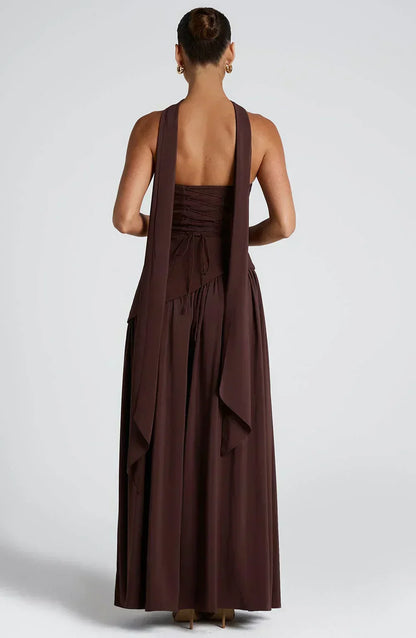 Elegant Maxi Dress for Women with Strapless High Slit Draped Column Formal Wedding Guest Style