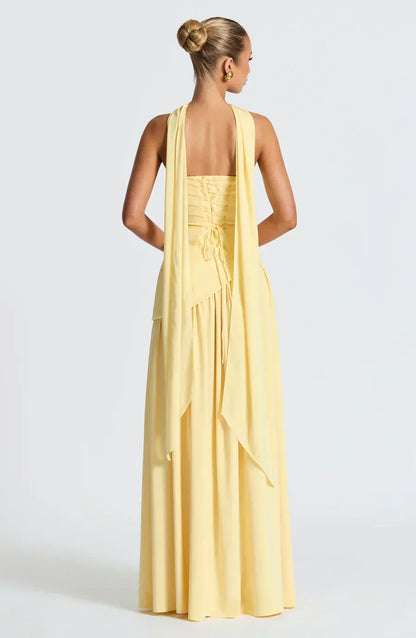 Elegant Maxi Dress for Women with Strapless High Slit Draped Column Formal Wedding Guest Style