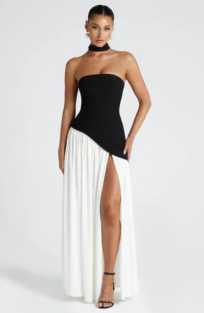 Elegant Maxi Dress for Women with Strapless High Slit Draped Column Formal Wedding Guest Style